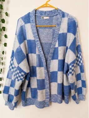 SO Blue White Checkered Cardigan Sweater Medium Oversized Open Front Cozy Knit